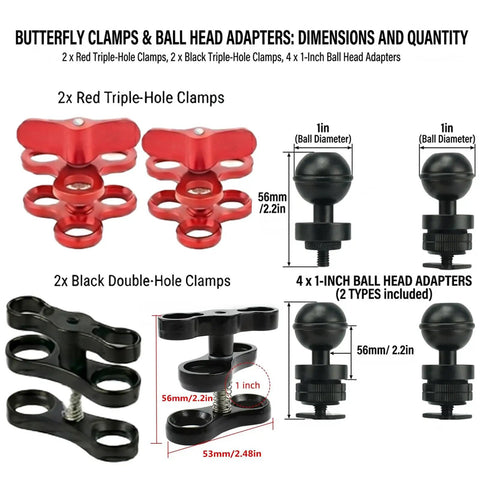 5-In-1 Underwater Camera Mount Kit with 1 Inch Ball Head Aluminum Diving Arm System including red clamps and ball head adapters