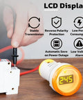 Hand connecting AC Voltage Display Three Pack Digital LED Voltmeter Panel For AC 60 To 500V with green, red, yellow indicators and LCD display.