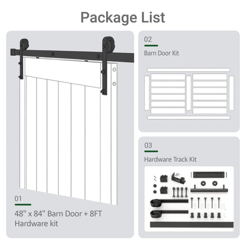 Package list showing White Sliding Barn Door With 8 Foot Hardware Kit For Easy Assembly No Fuss Setup 48 By 84 Inches Waterproof PVC