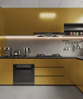 Modern kitchen with Gold Stainless Steel Look Peel And Stick Wallpaper Self Adhesive Cleanable Removable For Cabinets, Appliances, Refrigerators, Ovens, And Furniture Renovation Glam Up Your Kitchen With A Sparkly Glitter Finish 17.71 In By 78.7 In, featuring sleek appliances and cabinets.
