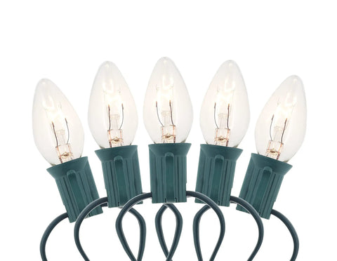 5 clear 7 Watt 130V C7 night light bulbs on a string, E12 candelabra base, cozy glow for night lights and salt lamps