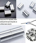Pack Of 50 Aluminum Crimping Loop Sleeves For One Quarter Inch Wire Rope And Cable, 6mm Diameter, Double Hole Ferrule Crimps, Easy Lock With Vise Or Pliers, Built Tough, Anti Corrosion Durable Aluminum Cable Fittings, shown with wire rope loop