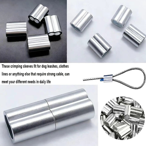 Pack Of 50 Aluminum Crimping Loop Sleeves For One Quarter Inch Wire Rope And Cable, 6mm Diameter, Double Hole Ferrule Crimps, Easy Lock With Vise Or Pliers, Built Tough, Anti Corrosion Durable Aluminum Cable Fittings, shown with wire rope loop