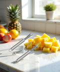 Two Pack Stainless Steel Pineapple Eye Peeler And Remover Tool, V Shape Eye Cutter set on a kitchen counter with diced pineapple chunks.