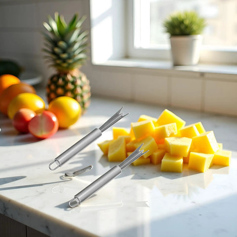 Two Pack Stainless Steel Pineapple Eye Peeler And Remover Tool, V Shape Eye Cutter set on a kitchen counter with diced pineapple chunks.