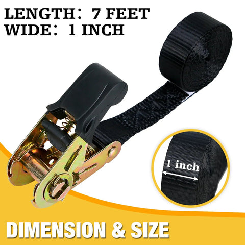 Durable Ratchet Tie Down Straps No Hooks 7ft 2 Pack Nylon Black Heavy Duty Cargo Straps, 7ft length, 1in width shown.