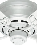 Close-up of Low Profile 52 Inch White Ceiling Fan With Pull Chain, Quiet Multi Speed Reversible Motor, Classic Dope Design base