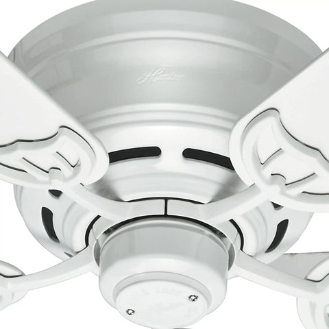 Close-up of Low Profile 52 Inch White Ceiling Fan With Pull Chain, Quiet Multi Speed Reversible Motor, Classic Dope Design base
