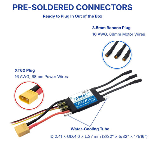 Image of Shark G2 30A Brushless ESC with pre-soldered connectors, featuring XT60 plug, 3.5mm banana plugs, and water-cooling tube.