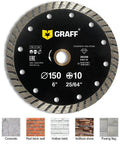 6 Inch Diamond Blade For Angle Grinder Turbo Cut Wheel For Cutting Stone Marble Granite Brick Masonry Concrete Paving Flags Curb Durable High Performance DIY Ready Heavy Duty Tool with labeled image examples of materials use