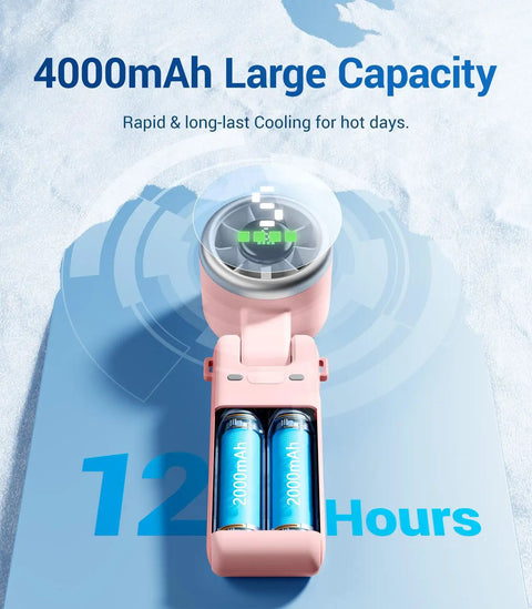 Portable Handheld Turbo Fan With 5 Gear Wind, Battery Operated, Up To 12 Hours Run Time, pink fan with visible batteries.