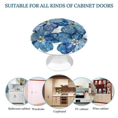 Cool Blue Stained Glass Flower Mosaic Round Cabinet Knobs 2 Pack With Screws for drawers and cabinets in various settings.