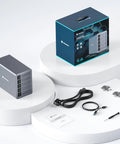 Top Tier Five Bay External Hard Drive Enclosure Built Different With Sleek Aluminum Chassis on a display with accessories and packaging.