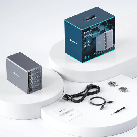 Top Tier Five Bay External Hard Drive Enclosure Built Different With Sleek Aluminum Chassis on a display with accessories and packaging.