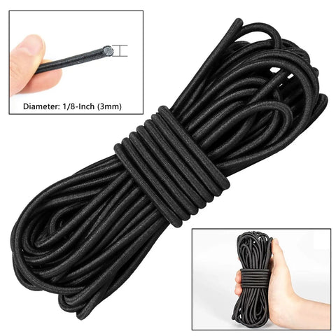 Elastic Cord One Eighth Inch Three Millimeter Heavy Duty Stretch Rope Ten Yards Ten Pack With Plastic Spring Locks Black, coiled view