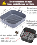Square Silicone Liners for Air Fryer Two Pack Nonstick Food Grade Reusable Basket Mats Air Fryer Accessories Top Size Ten Inches Bottom Size Nine Inches with size instructions and black fryer basket illustration.