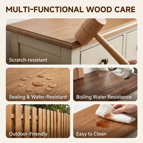 Multi-functional wood care features with scratch-resistant surface, sealing, boiling water resistance, and easy cleaning.