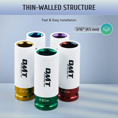 5-Piece Metric Impact Socket Set For 1/2 Inch Drive With Non-Marring Lug Nut Sockets in 15mm, 17mm, 19mm, 21mm, and 22mm