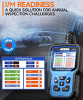 Pro Grade BMW And Mini OBD2 Scanner displaying I/M readiness screen for full system diagnostics on a graphic background.