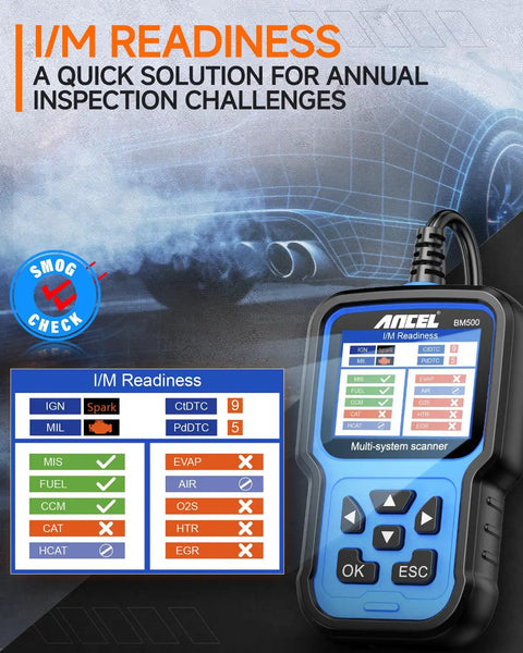 Pro Grade BMW And Mini OBD2 Scanner displaying I/M readiness screen for full system diagnostics on a graphic background.