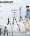 72 Inch Travel Tripod and Monopod for Cameras and Mobile Phones with Arca Type Ball Head, height adjustment demonstration
