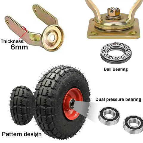 Smooth Operator 2 Piece 8 Inch Pneumatic Caster Wheels featuring ball bearings, 6mm thick mounting brackets, and tire details.