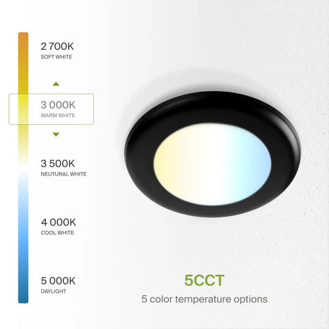 Six Pack 4 Inch LED Disk Lights, 10W, 5 CCT Tunable 2700K to 5000K, 685 Lumens, CRI 90 Plus, on white background, color options