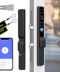 Slim Sliding Glass Door Lock With Biometric Fingerprint Remote App Control Keypad And RFID Access Electronic Digital Mortise Smart Lock For Double Hook Patio Sliding Doors 2085 Slim Fit Size Measure Before You Buy For Best Fit showing keypad, RFID cards, and app interface.