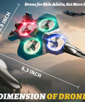 Remote Control Airplane With Three Batteries, dimensions outlined with colorful LED lights, flying over mountain landscape.