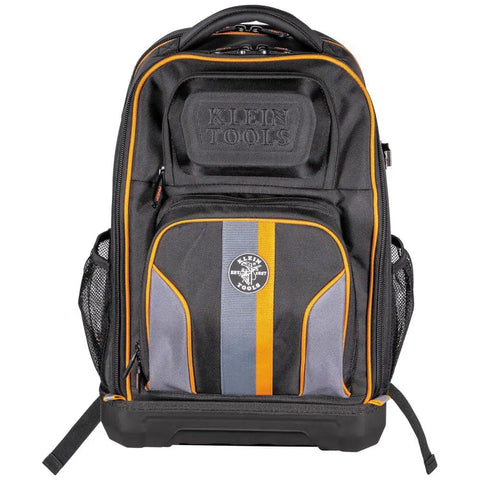 Front view of Workhorse 28 Pocket Laptop Tool Backpack For Tradesman Pro Extra Large Tech Gear with molded bottom, orange accents