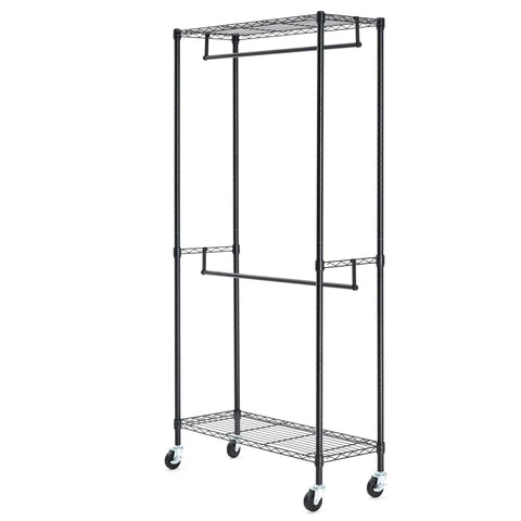 Hella Durable Adjustable Rolling Garment Rack Double Hanging Rods And Mobile Storage Shelves For Fast Closet Upgrades Heavy Duty Steel Wardrobe Stand With Smooth Swivel Wheels
