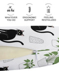 Close-up of U Shaped Neck Pillow for Travel featuring a funny black cat design with zip-off cover and plant patterns, polyester fabric.