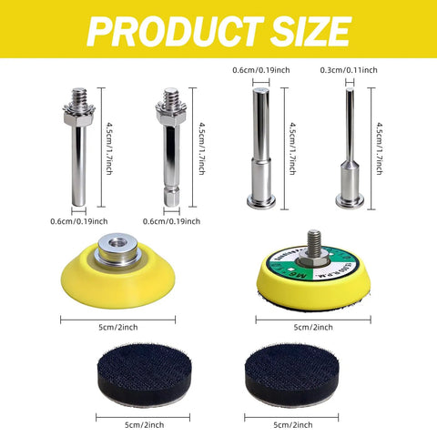 2 Inch Sanding Discs Set With Assorted Grits 60 To 10000 Silicon Carbide hook and loop pads, shanks, and foam buffer dimensions