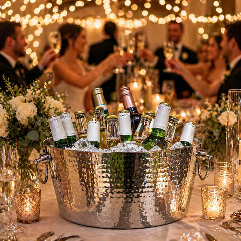Party scene with Hammered Stainless Steel Beverage Tub With Double Walled Insulation Anchored Ice Bucket Chiller For Epic Parties 12 Quarts with bottles and ice