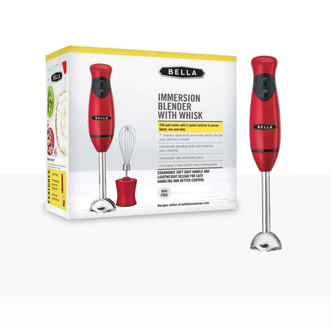 No Fuss Hand Immersion Blender With Attachable Whisk Piece 2 Speed 250 Watt Motor Dishwasher Safe Kitchen Game Changer For Quick Meals And Smooth Blends In Bold Red with packaging and whisk attachment