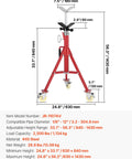 Heavy Duty Pipe Stand With Casters, Adjustable Height From 28 To 52 Inches, V Head Supports Pipes From One Eighth To Twelve Inches, Folding Portable Steel Stand With 882 Lb Capacity. Red steel construction with measurements.