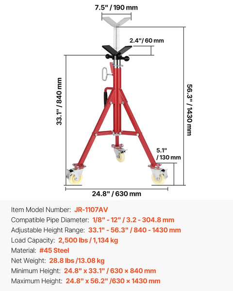 Heavy Duty Pipe Stand With Casters, Adjustable Height From 28 To 52 Inches, V Head Supports Pipes From One Eighth To Twelve Inches, Folding Portable Steel Stand With 882 Lb Capacity. Red steel construction with measurements.