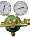 Front view of Flame Tech high-pressure piston gas regulator with dual gauges, forged brass body.