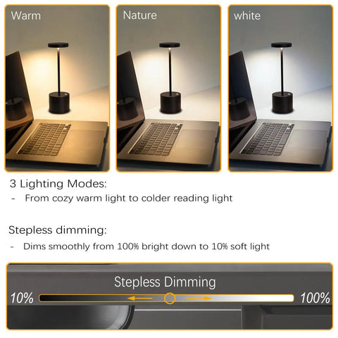 Rechargeable Cordless LED Table Lamp With Stepless Dimming And Three Lighting Modes, 12 Inch Battery Powered, showing light modes