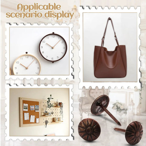 Top Shelf Red Copper Daisy Head Upholstery Tacks, 150 Pack Heavy Duty Thumb Nails For Furniture Repair displayed with clocks and a tote bag.
