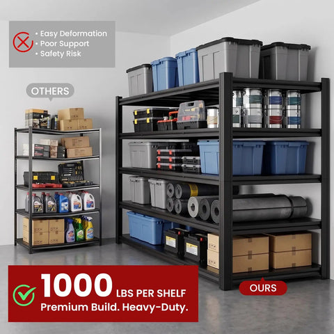 Heavy Duty 5 Tier Garage Shelving Unit Packing 5000 Lbs Metal Storage Rack Adjustable with tools and storage bins