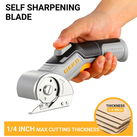 DEKOPRO 4v Cordless Electric Scissors With Safety Lock Cardboard Cutter For Leather Plastic Canvas And Carpet Type C Rechargeable Blade Set Gray in hand
