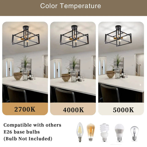 Industrial Farmhouse 4 Light Semi Flush Mount Ceiling Fixture in Black and Gold Metal displayed in different color temperatures.