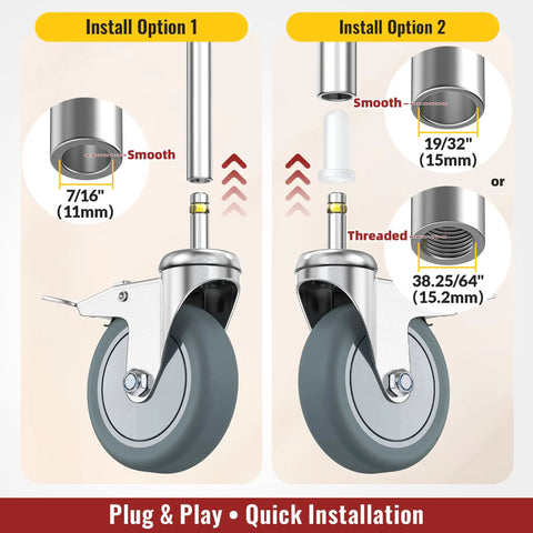 Install option instructions for Set Of Four Heavy Duty Workhorse TPR Rubber Caster Wheels With Sturdy Steel Base And Lock It Down Tight Brakes.