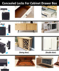 Smart NFC RFID Cabinet Lock For Double Doors And Drawers Hidden DIY Lock with Slide Latch shown installed in various furniture types.