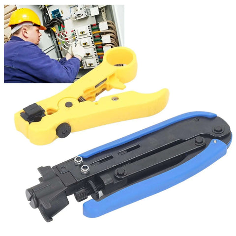 All In One Coax Cable Tool Kit With Adjustable F Head And Anti Slip Grip for RG6 RG59 RG11, technician using tools