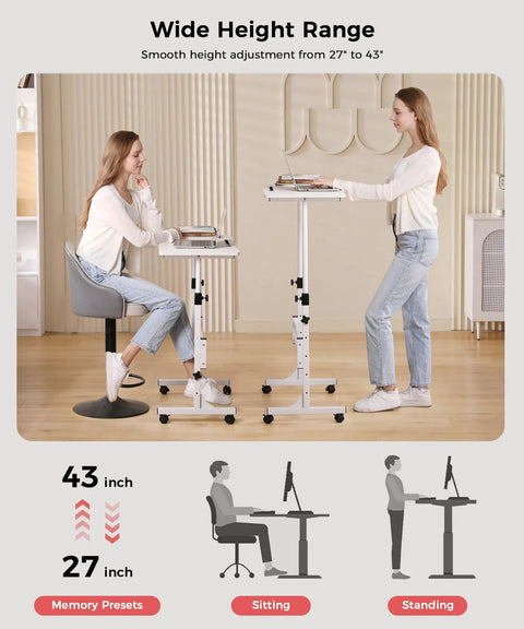 Standing Desk On Wheels Adjustable Height Sit Stand Desk Portable Rolling Laptop Desk White 16 By 31.5 Inches shown in use
