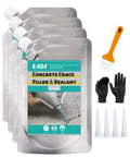 Heavy Duty Self Leveling Concrete Crack Filler For Driveways, Patios And Garages, Universal Cement Repair Sealant For Asphalt Brick Tile And Metal, All In One Masonry Patch With Super Grip Formula 4.4 Lb, gray pouches, applicator brush, gloves, and nozzles.
