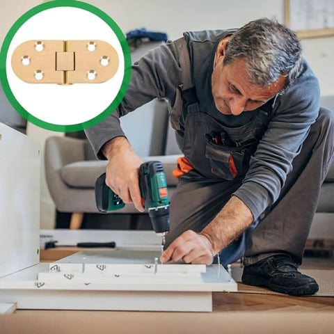 Top Tier Pack of Heavy Duty Brass Table Folding Hinges With 180 Degree Rotation For Sewing Machines Desks And Doors Super Smooth Quiet Flip Top Hardware used by a man installing hinges.