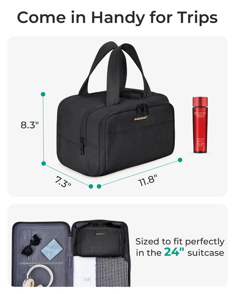Ultra Lightweight Puffy Travel Toiletry Bag With Handle, Large Capacity Organizer For Women, Four Compartments, Black 11.8x7.3x8.3 inches